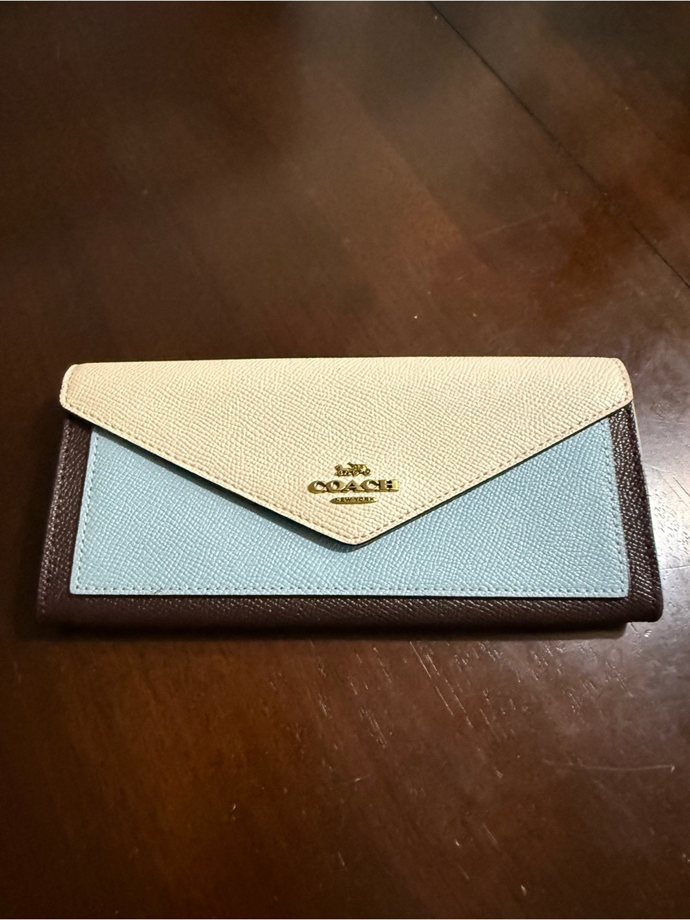 Coach Colorblock Tri-Panel Continental Wallet in Cream, Light Blue & Brown
